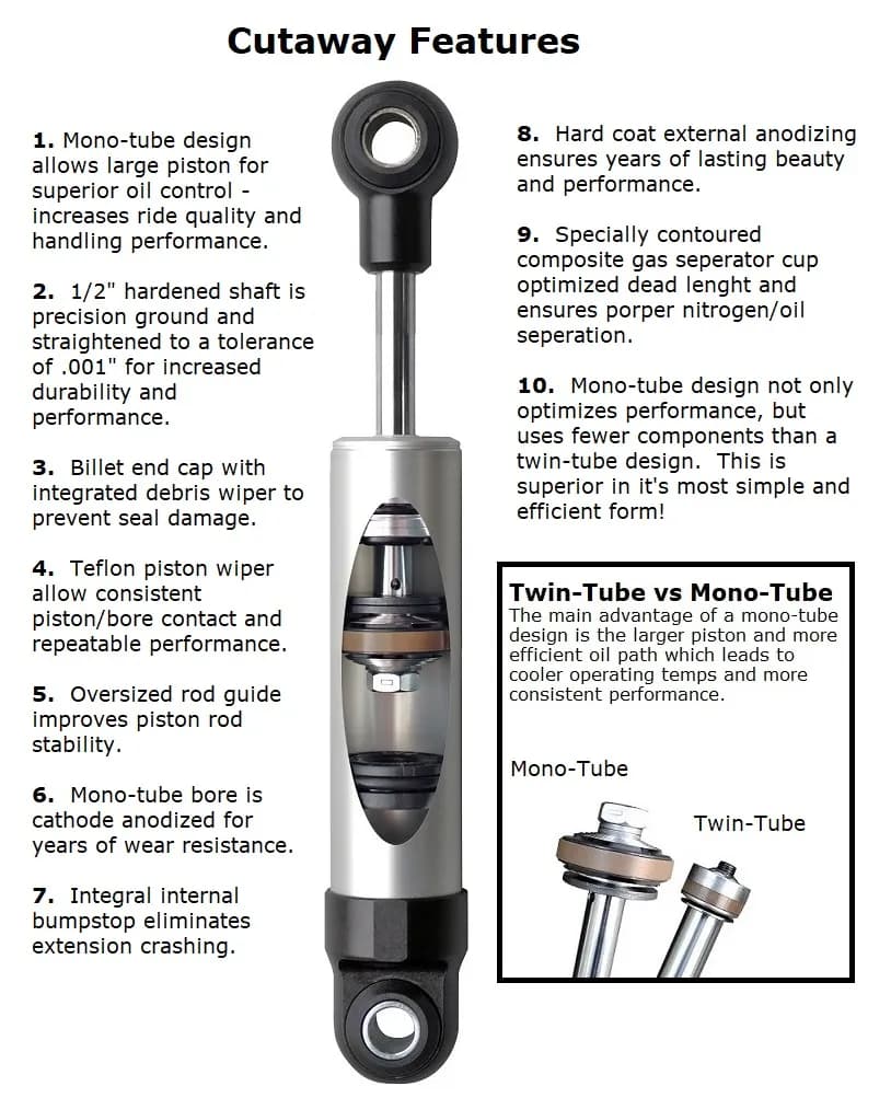 Front HQ Shock Absorber W/ 5.25 Inch Stroke W/ Wide T-Bar/Stud Mounting 1 Rebound Adjustable Shock 9.05 Inch X 14.3 Inch W/ A 11.75 -12.25 Inch Ride Height Ridetech