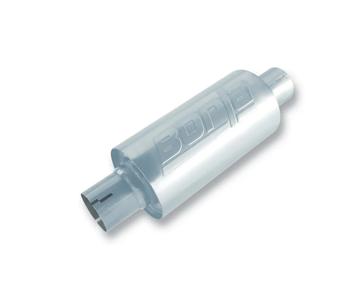 S-Type Universal Performance Muffler CenterCenter Round Body 2.5in. Inlet 2.5in. Outlet 10in. x 5in. Body Size 15in. Overall Length Unnotched T-304 Stainless Steel