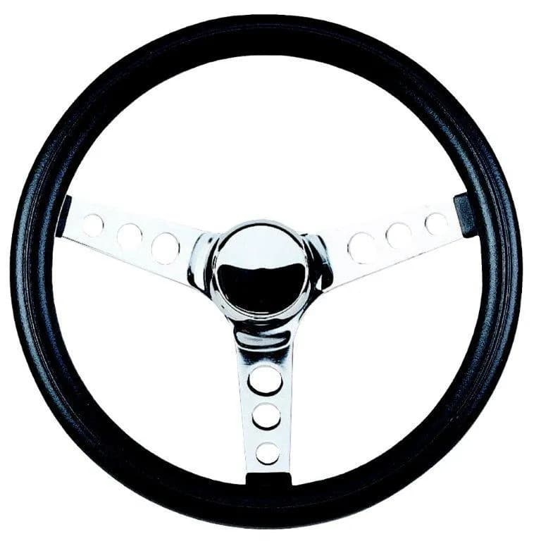 Classic Series Steering Wheel; 13 1/2 in. Diameter; 2 in. Shallow Dish; Black Foam Cushion Grip; Chrome 3-Spoke Design;