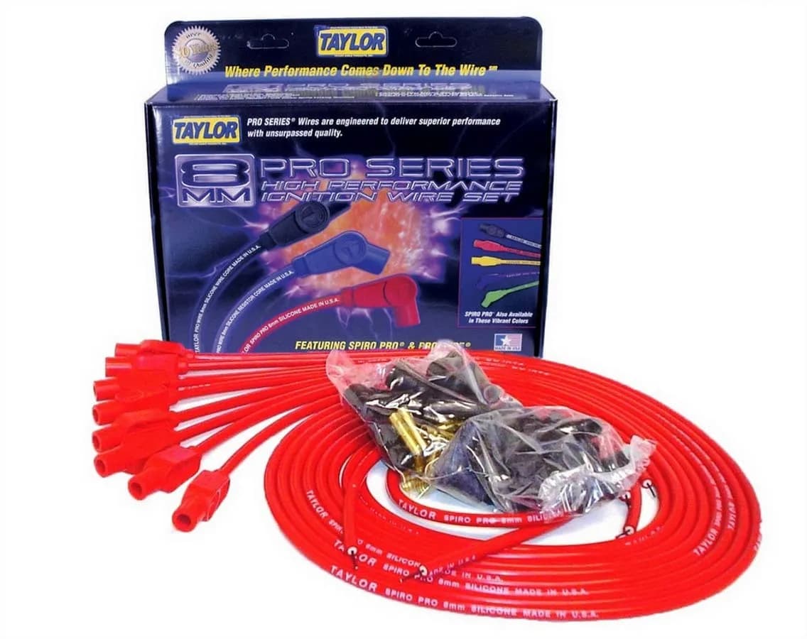 Taylor Cable Universal 8mm Spiro-Pro Spark Plug Wire Set - 8 Cylinders - 180° Spark Plug Boot Angle - Red - 73255