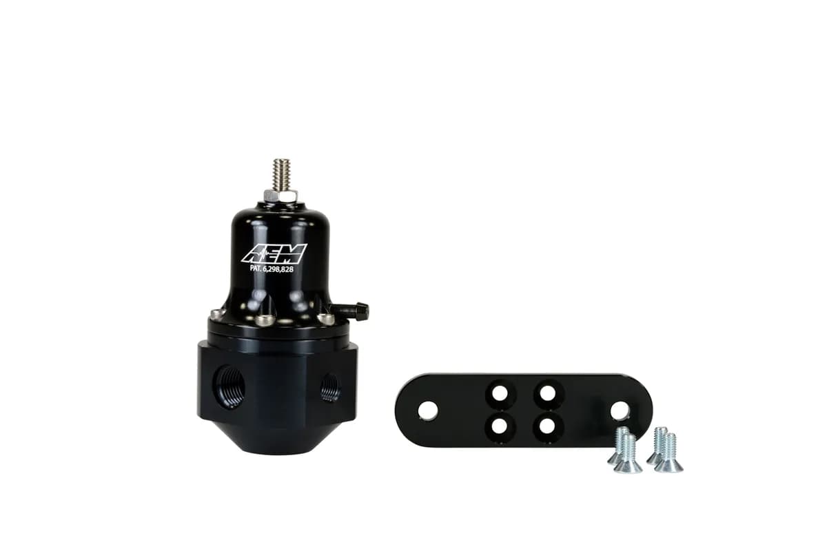AEM Universal Adjustable Fuel Pressure Regulator for Inlet: 2 x -6AN (9/16-18) Outlet: -6AN - Gauge Port: 1/8 in. NPT - Black