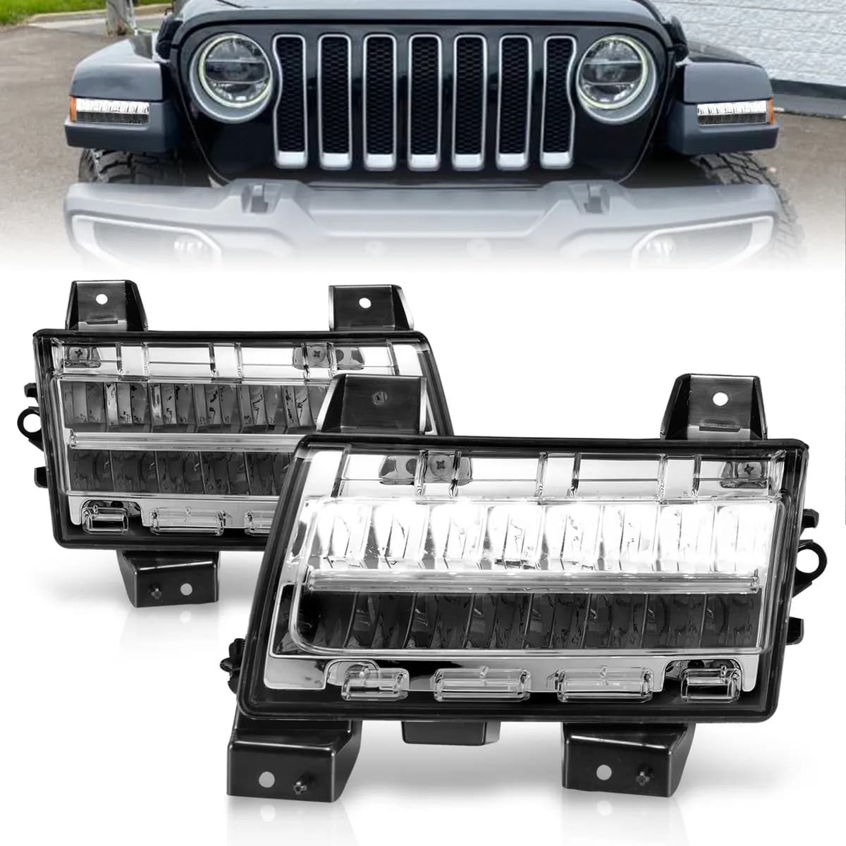 Jeep Wrangler 18-25 Full LED Fender Lights Chrome w/ Sequential Signal (For Sport, Sport s Model Halogen Fender Lights)