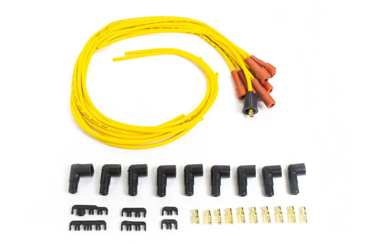 Spark Plug Wire Set- 7mm-Super Stock-Copper Core-Universal Straight Boots-Yellow - 3008 universal fit super stock spark plug wire sets have a spiral core with yellow silicon coating and are 7mm.