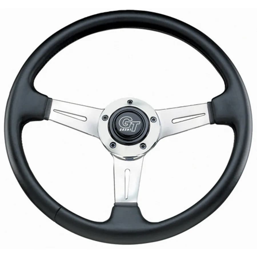 Elite GT Steering Wheel; 14 in. Diameter; 3 3/4 in. Dish; Black Leather Grained Vinyl Grip; Polished Aluminum 3-Spoke Design;