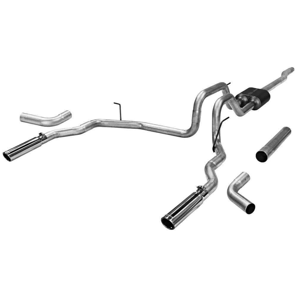 04-08 Ford F-150/Lincoln Mark LT 4.6L/5.4L All WB 2/4 Wheel Drive 2.50in Outlets Super 40 Series Muffler 3.00in Logo Embossed Stainless Tips American Thunder Incl. Tube Extensions For DOR And DOS In Kit Mandrel Bent Tubing 16 Gauge Aluminized Ste