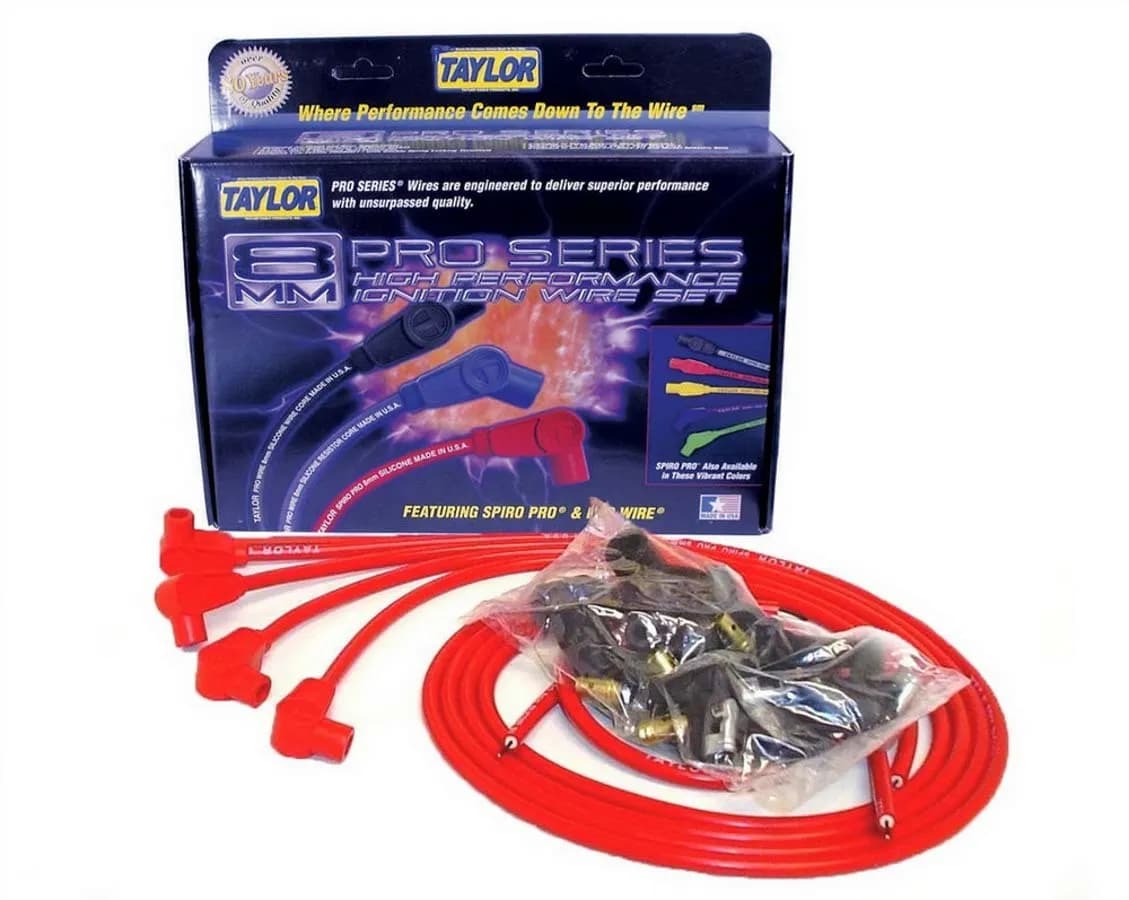 Taylor Cable Universal 8mm Spiro-Pro Spark Plug Wire Set - 4 Cylinders - 90° Spark Plug Boot Angle - Red - 73237