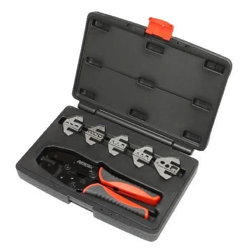 Pertronix T3001 Quick Change Ratchet Crimp Kit. This Kit Has 5 Dies Included. Insulated, Non-Insulated, Open Barrel, D-Sub, And Spark Plug Wire Terminals.