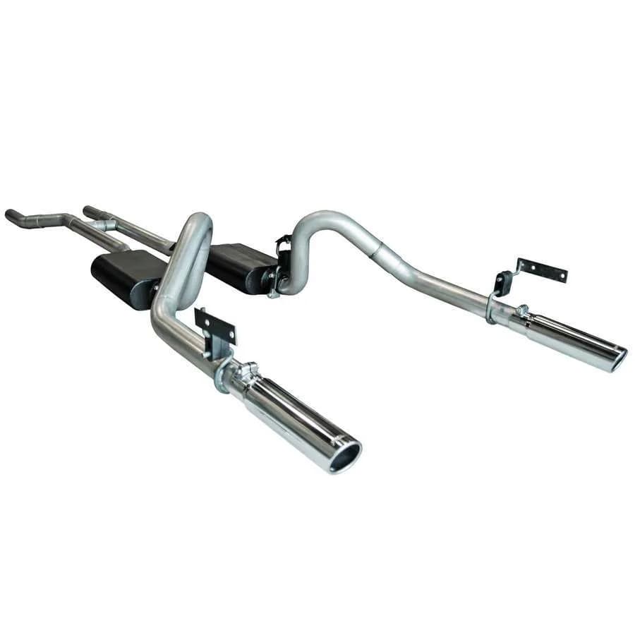 67-70 Ford Mustang Header-back Super 44 Mufflers Mandrel Bent 2.5in. 16 Gauge Tubing 3in.Polished T304 Stainless Steel Tips DOR American Thunder 409S Stainless Steel (exits through factory valance cut outs does not fit convertibles or cars with s
