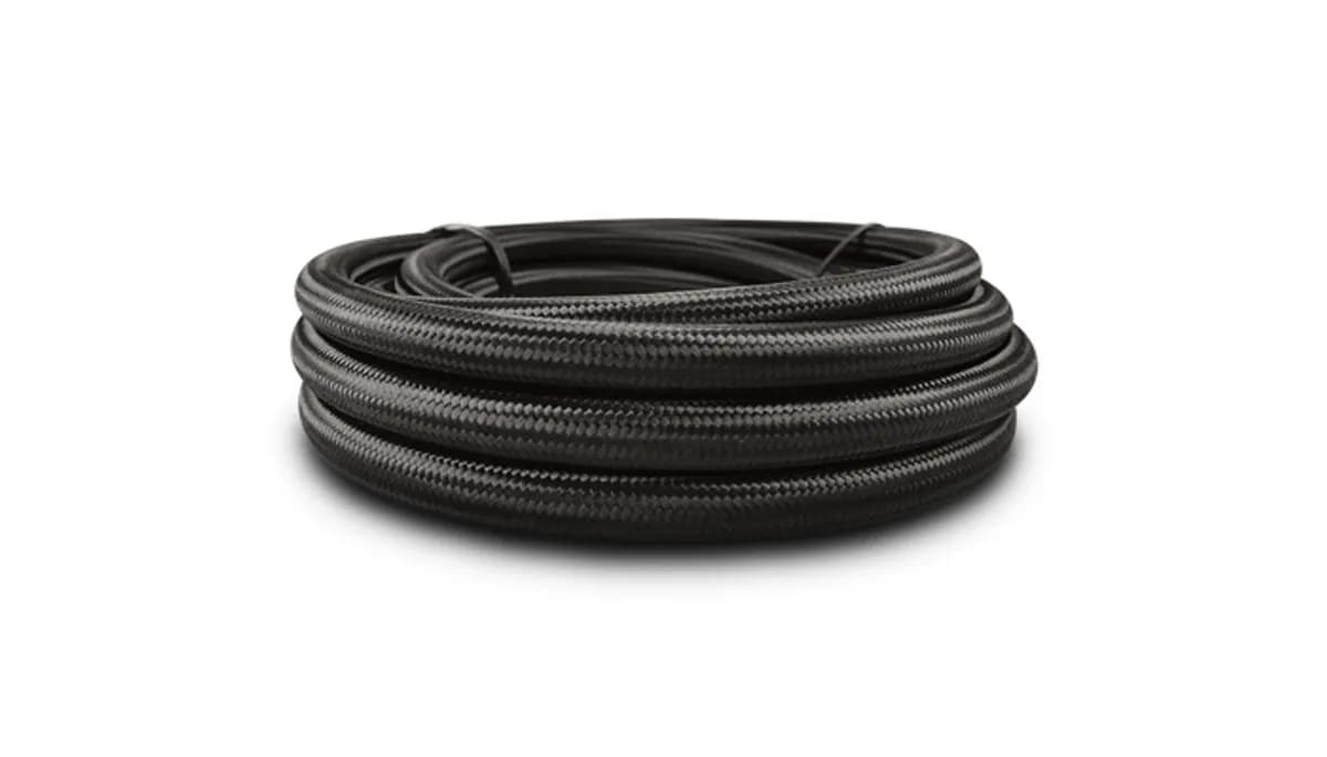 Nylon Braided Flex Hose; -16AN; 0.875 in. Hose ID; 1.031 in. Hose OD; 15.75 in. Bend Radius; 1000 PSI Operating Pressure; 3000 PSI BP; 20ft. Roll; Black; w/PTFE Liner;