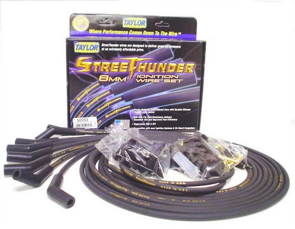 Taylor Cable Universal 8mm StreeThunder Spark Plug Wire Set - 8 Cylinders - 135° Spark Plug Boot Angle - Black - 50053