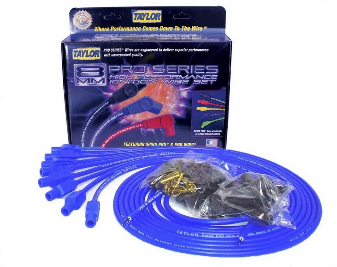 Taylor Cable Universal 8mm Spiro-Pro Spark Plug Wire Set - 8 Cylinders - 180° Spark Plug Boot Angle - Blue - 73655