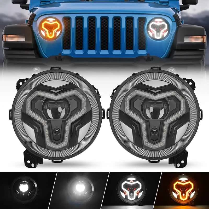 Warrior Style 9 Inch LED Headlights With Halo DRL & Turn Signals For 2018-Later Jeep Wrangler JL & Gladiator JT