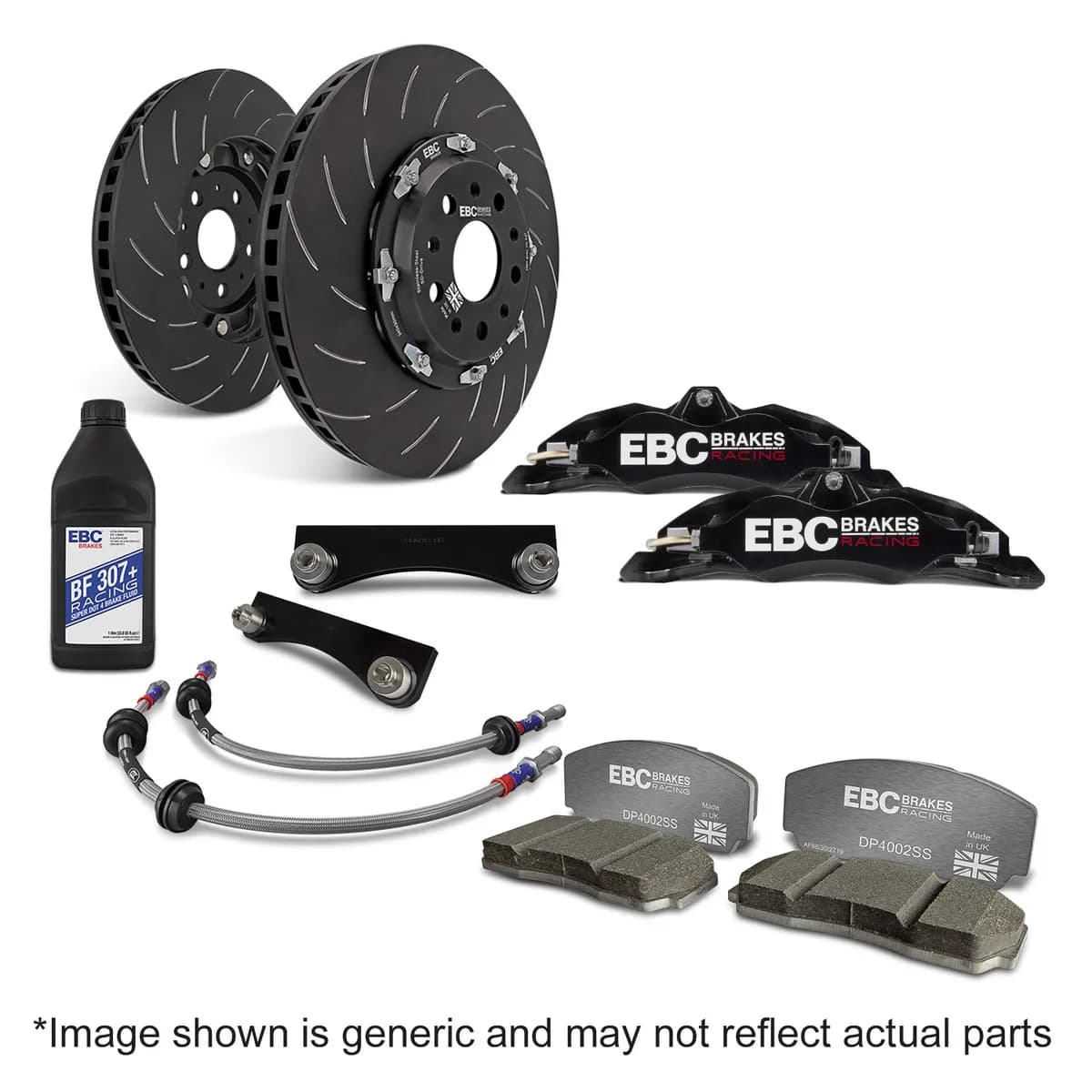 EBC Big Brake Kit; Four-Piston; Incl. Complete Front Axle Hardware; w/Front Braided Brake Lines/High-Performance Fluid; 330x28mm; Standard Clearance Range; Stealth Black;