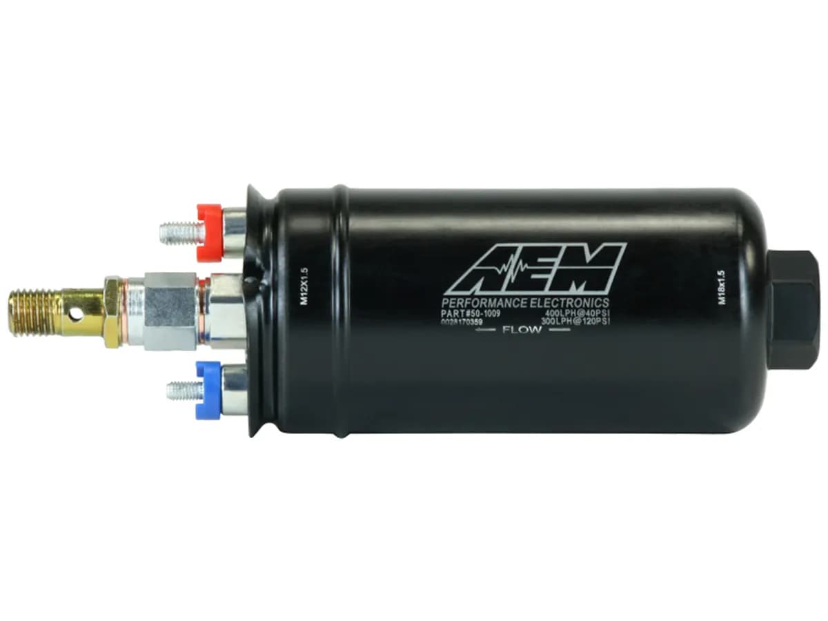AEM 400LPH Inline High Flow Fuel Pump - M18x1.5 Inlet, M12x1.5 Outlet