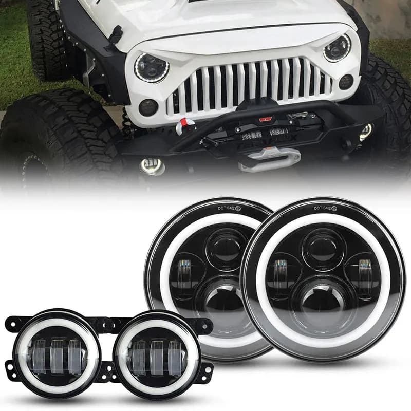 7 inch 80W Jeep Headlights With DRL and Turn Signal Lights & 4'' 30W Cree LED Halo Fog Light