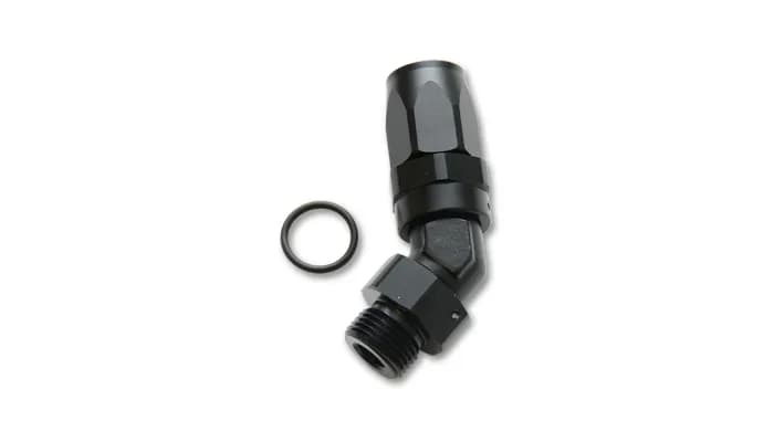45 Degree Hose End Fitting; -12AN Hose Size; -12AN Male ORB Thread Size; 1-1/16-12 in. Thread; 6061 Aluminum; Black Anodized;
