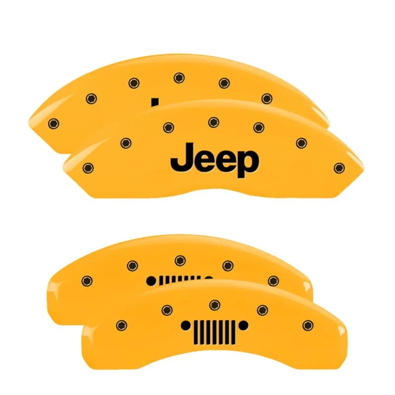 Set Of 4 Caliper Covers Engraved Front Jeep Engraved Rear Jeep Grill Logo Yellow Finish Black Characters 2018-2024 Jeep Wrangler JL BRY brake code MGP Caliper Covers