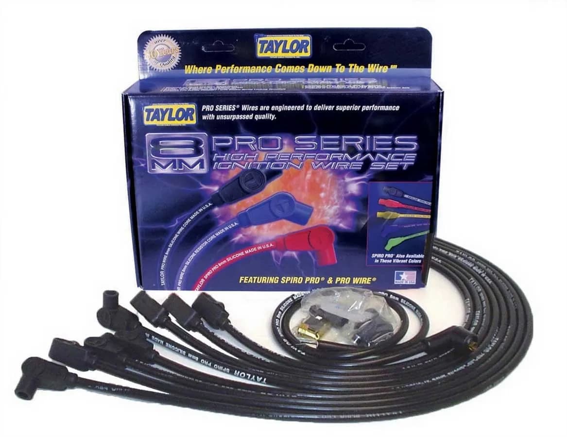 Taylor Cable Chevy Small Block Race Fit 8mm Spiro-Pro Spark Plug Wire Set with Under Headers HEI Fitment - Black - 90° Spark Plug Boot Angle - 76030