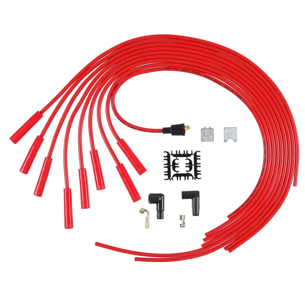 Spark Plug Wire Set - 8mm - Universal - Red Wire with Red Straight Boots - 5040R 8mm super stock universal fit spark plug wires feature a spiral core and red silicone jacket.