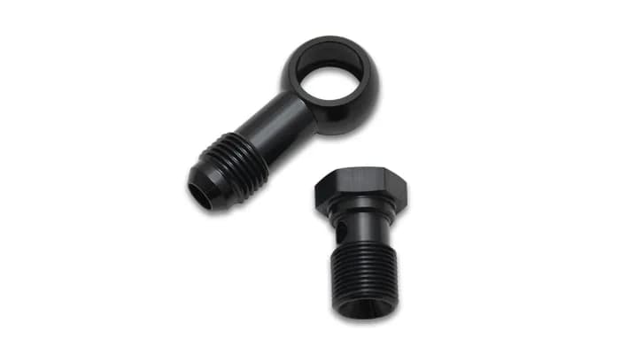 Banjo Hose End Fitting Assembly; -6AN Banjo Size; 9/16-24 Imperial Bolt Size; 6061 Aluminum; Black Anodized; Single Male;