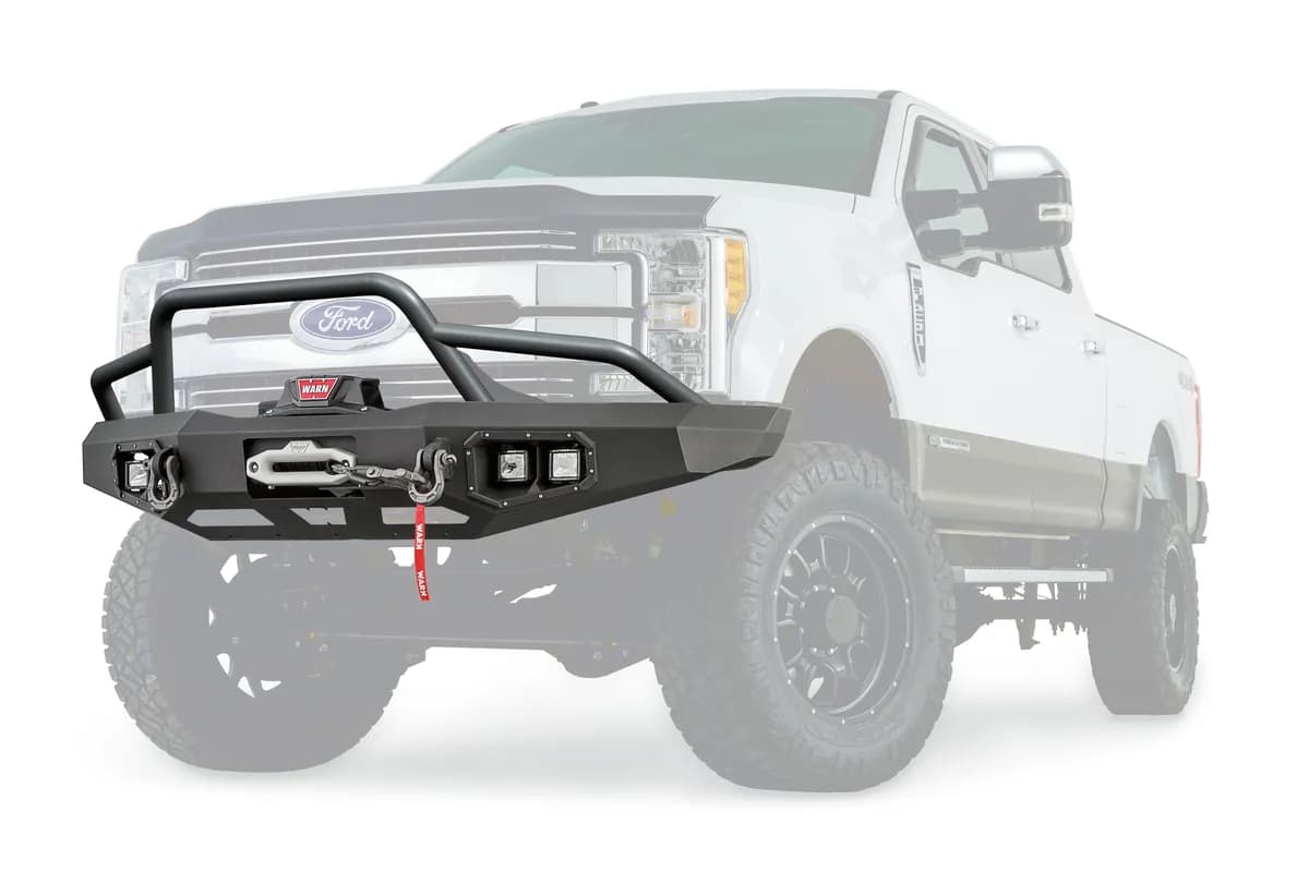 WARN - Ascent Front Bumper for Ford Super Duty with prerunner grille guard featuring an integral winch mount for WARN mid-frame winches