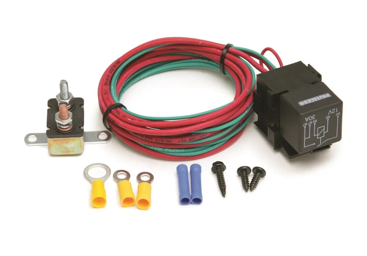 PCM Controlled Fan Relay Kit; Incl. SPST 40 Amp Relay/Relay Base w/Harness/30 Amp Circuit Breaker/Crimp On Terminals/Mounting Hardware;