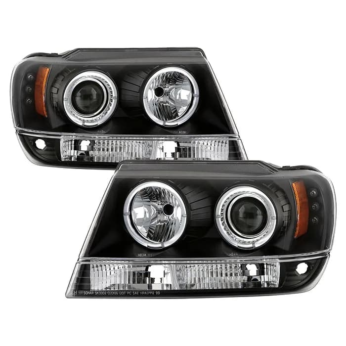 ( Spyder Signature ) Jeep Grand Cherokee 99-04 Projector Headlights - LED Halo - LED ( Replaceable LEDs ) - Black - High 9005 (Not Included) - Low 9006 (Not Included)