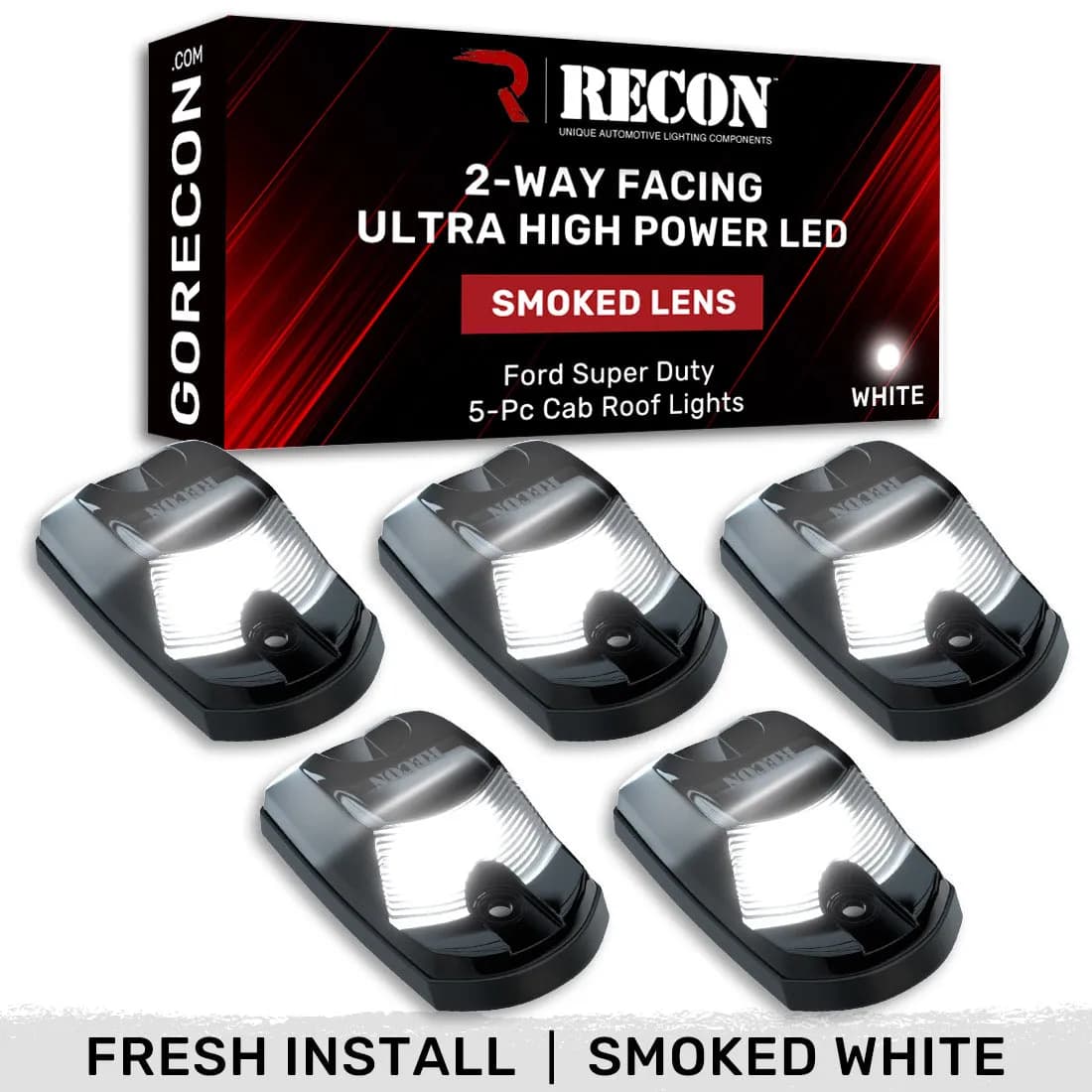 Ford 17-23 Superduty 5-Piece Set Smoked Cab Roof Light Lens With 2-Way Forward Rear Facing White Ultra High-Power Leds - Attn This Cab Light Set is For a Fresh Install on a Truck That Did Not Come With OEM Cab Roof Lights no Square Hole Required - o